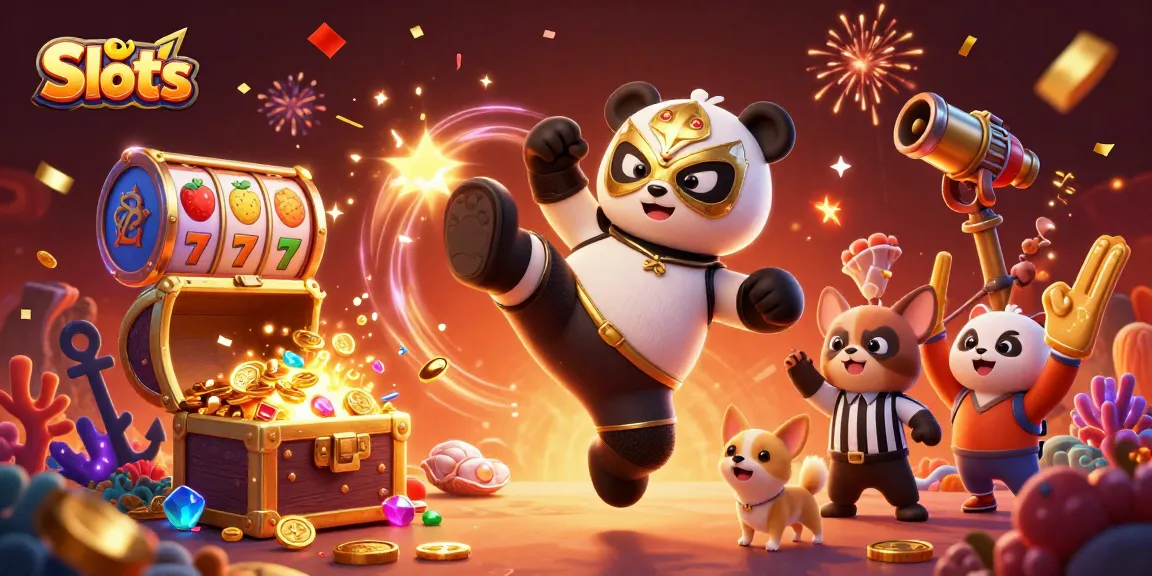 Engaging Slots scene featuring a panda wrestler, referee chihuahua, and excited spectators with gold coins.