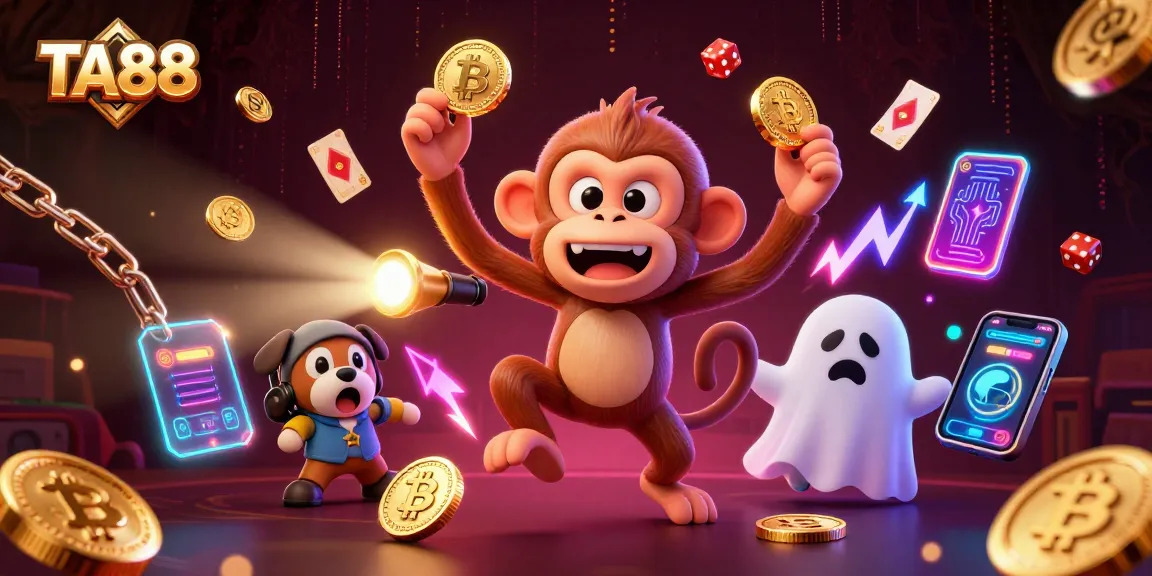Engage with TA88 as the mythical monkey juggles coins and chips in a haunted casino, showcasing vibrant 3D gambling elements.