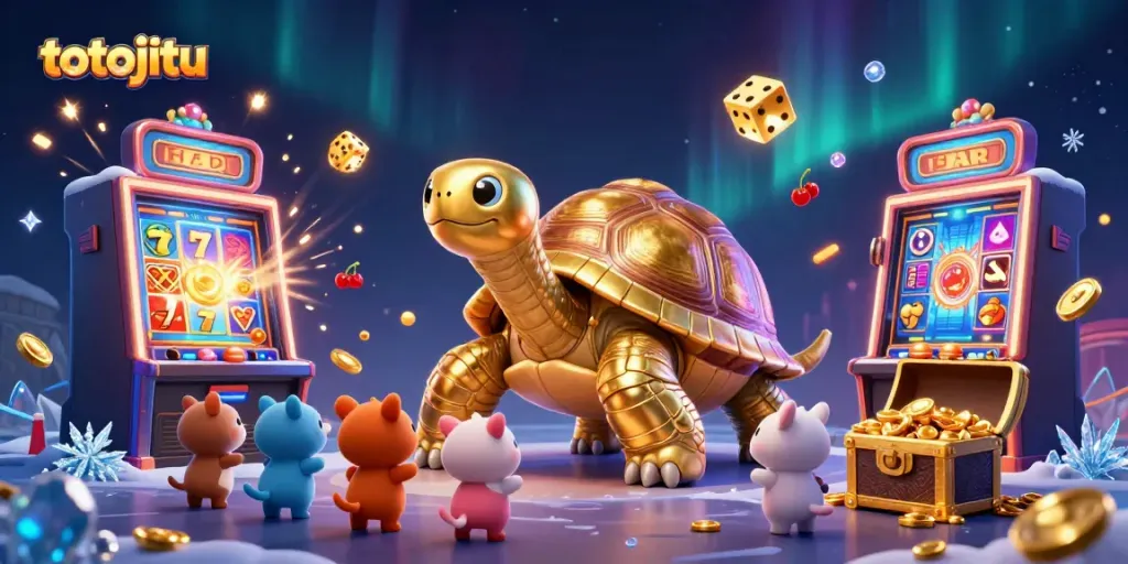 Engage with the exciting world of totojitu through a vibrant casino-themed illustration featuring a golden tortoise and gaming elements.