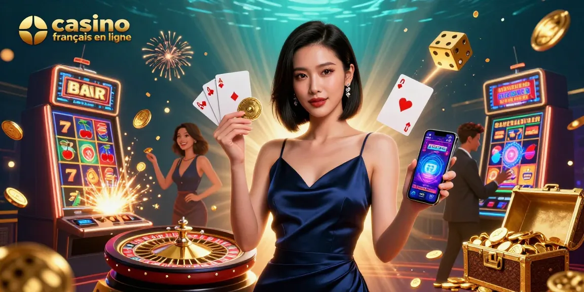 Jouez au casino français en ligne avec enthousiasme alors qu'une femme élégante tient une puce dorée et un smartphone au milieu d'une explosion de jackpot.
