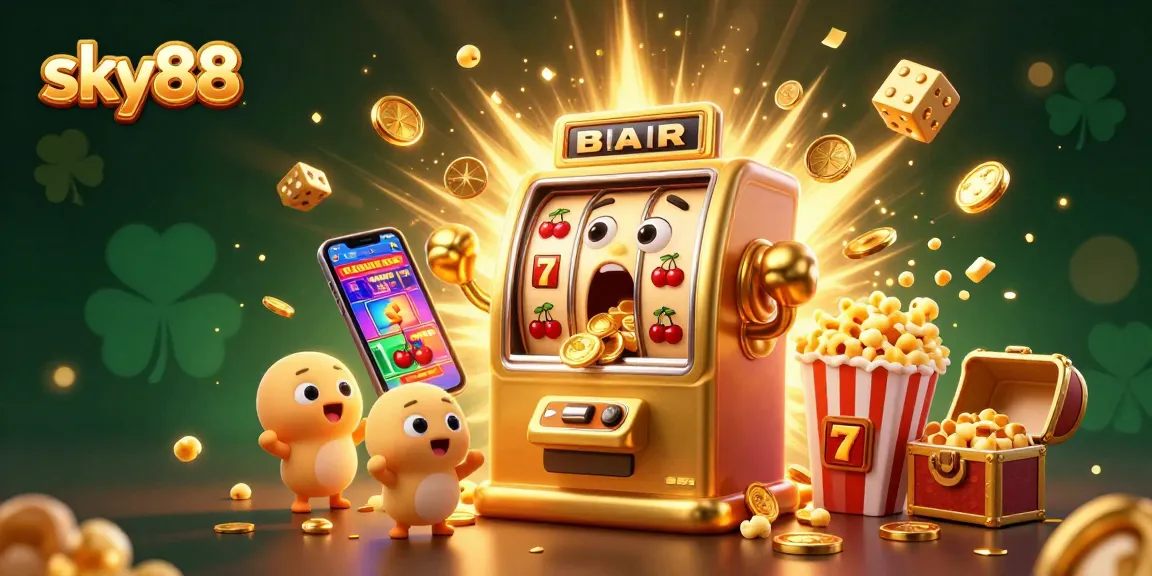 Experience the excitement of winning at sky88 with a lively slot machine hitting its jackpot, surrounded by cheering characters and golden coins.