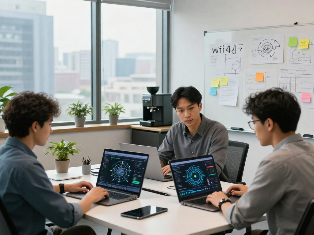 Tim profesional TI berkolaborasi dalam proyek wifi4d di ruang kantor modern dengan laptop dan notebook.