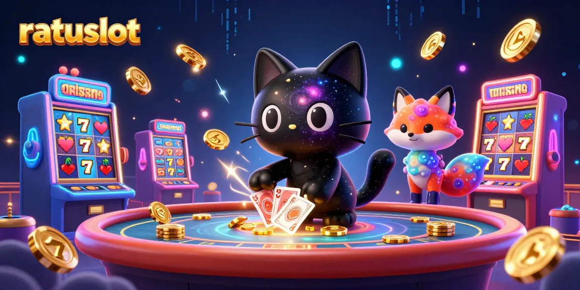 Experience exciting moments at ratuslot with a cosmic casino scene featuring vibrant slot machines, characters, and dynamic casino elements.