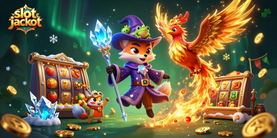 Menggulung slot jackpot dengan berbagai simbol dan koin emas di sekeliling karakter saat bermain di kasino online