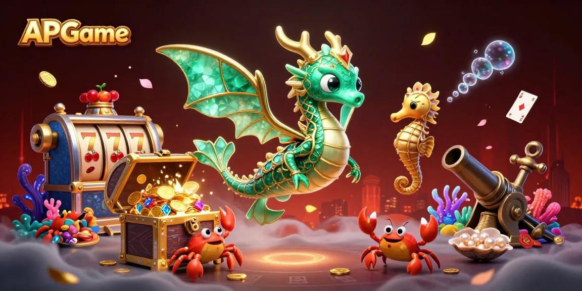 APGame features an enchanting sea dragon amidst a vibrant casino scene with slots and treasures.