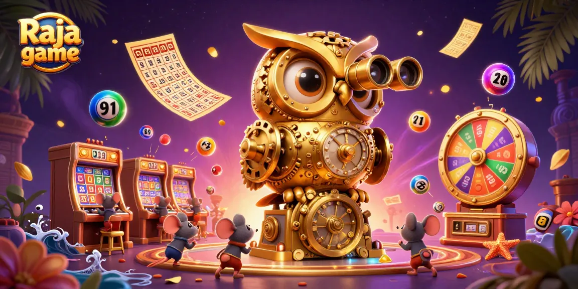 Engage in thrilling slots action with Raja game, as vibrant lottery elements and characters fill the scene.