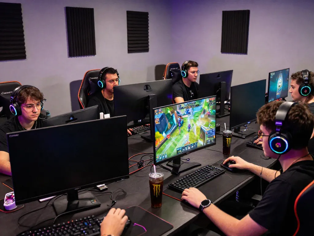 Players enjoying an intense session of online gaming at Bro138, showcasing high-end setups and vibrant graphics.