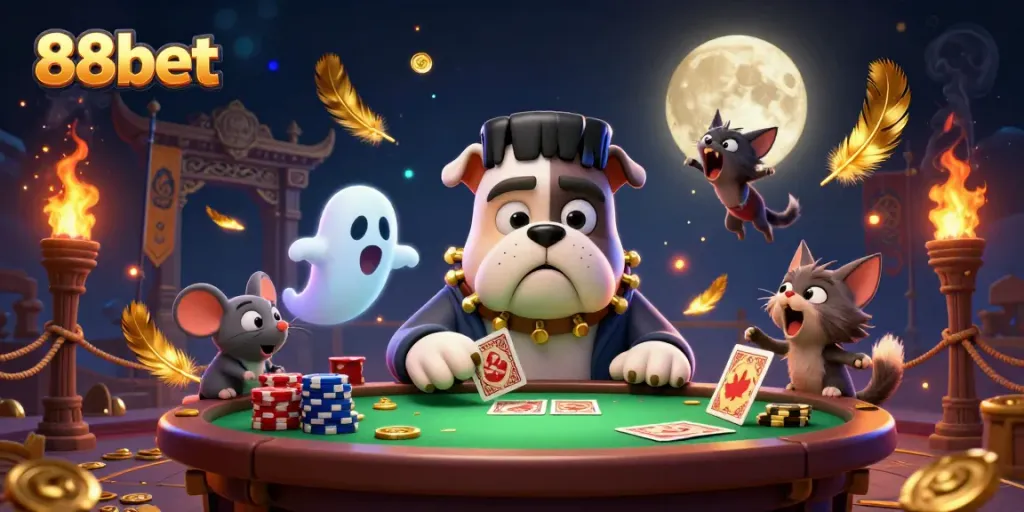 88bet gaming scene with a Frankenstein bulldog, ghost mouse, and werewolf kitten at a vibrant casino table