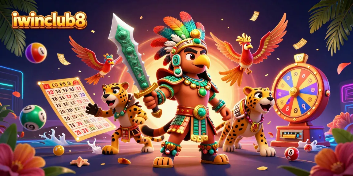 Win big with iwinclub8 in this vibrant lottery-themed 3D illustration showcasing colorful game elements.