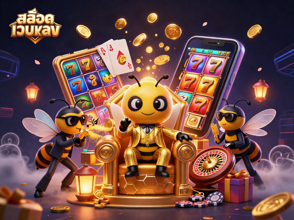 Experience the thrill of สล็อตเว็บตรง with slot reels and vibrant casino elements in a rich 3D scene.