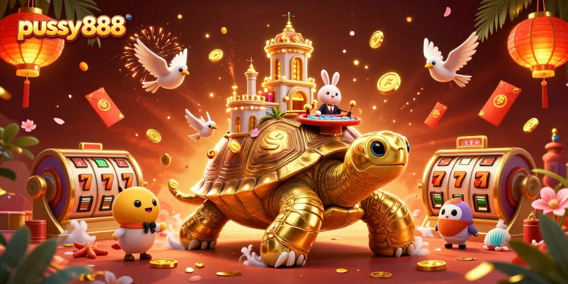 Experience thrilling gameplay with pussy888’s vibrant slots and casino atmosphere in a lively 3D illustration.