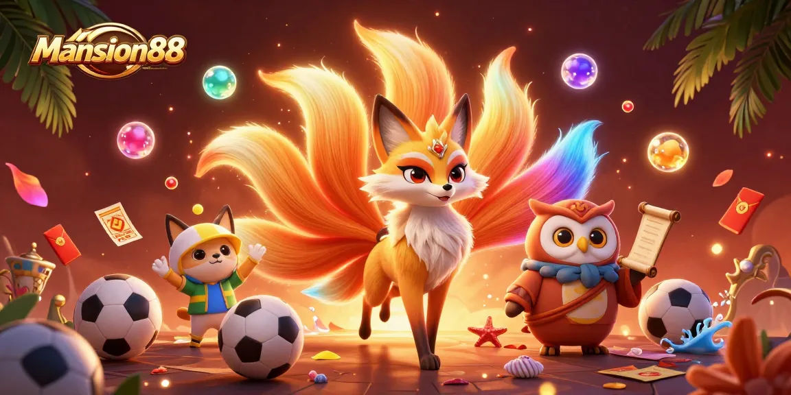 Mansion88 memikat penonton dengan ilustrasi 3D menawan yang menampilkan karakter kasino yang unik dalam perayaan taruhan olahraga.