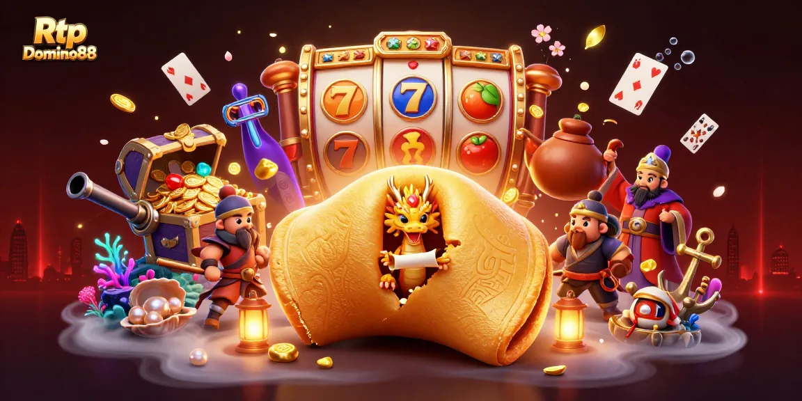 Experience wins with Rtp Domino88, featuring golden cookies, slot reels, and treasure chests.