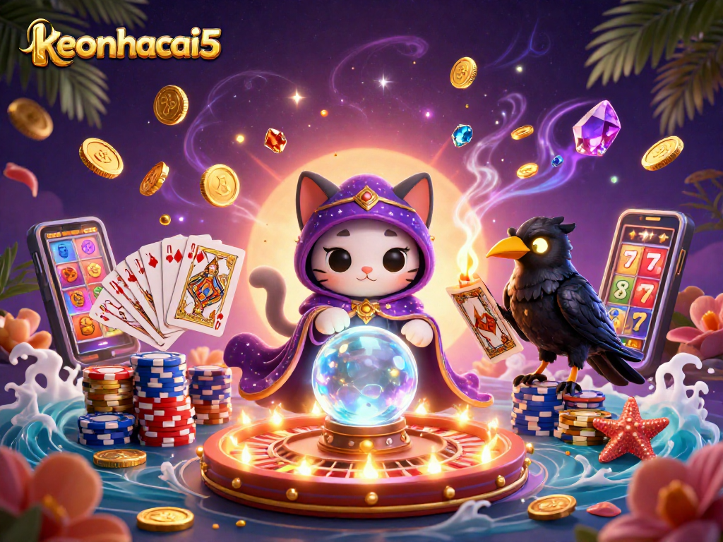 Enhance your experience with keonhacai5's mystical gaming adventure featuring fortune tellers and vibrant casino elements.