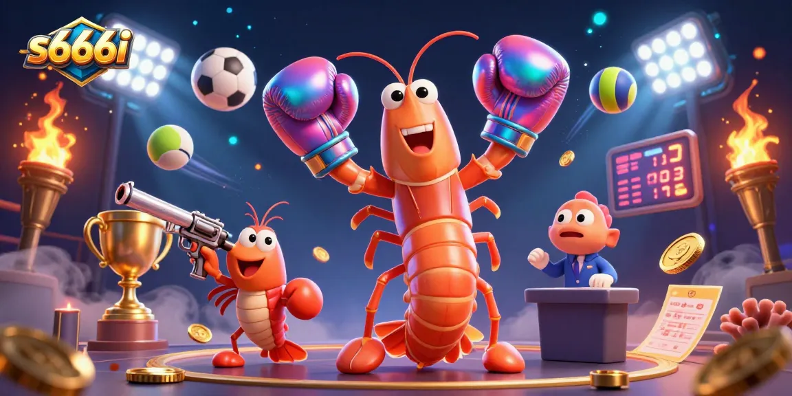 Engage with thrilling gaming elements at s666i, featuring cartoon shrimp champions in a dynamic casino scene.