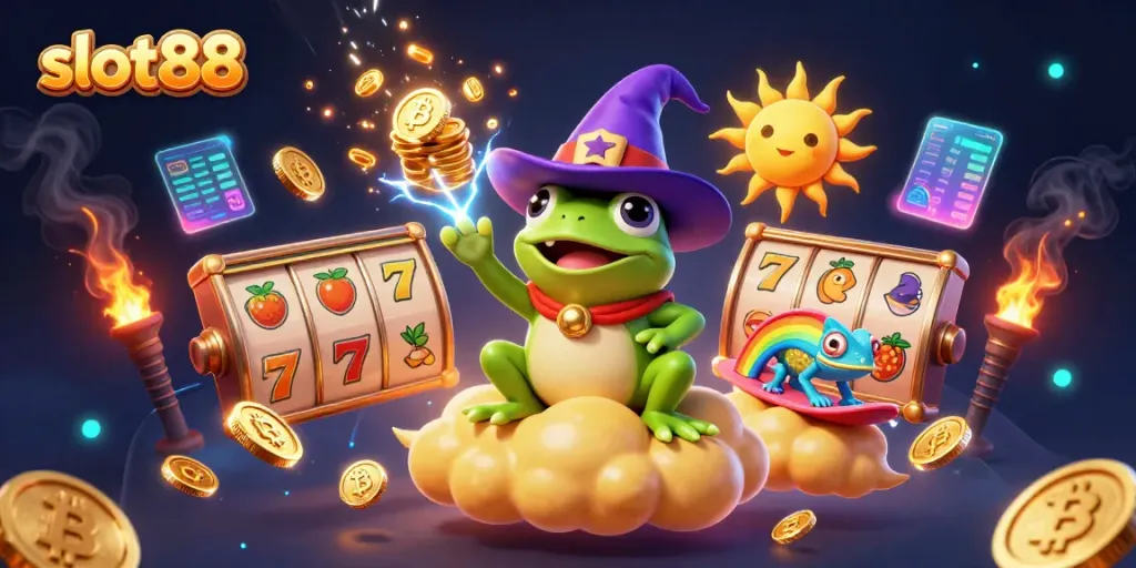 Slot88 meraih kemenangan dengan pemandangan ilustrasi kasino yang penuh warna dan elemen menarik.