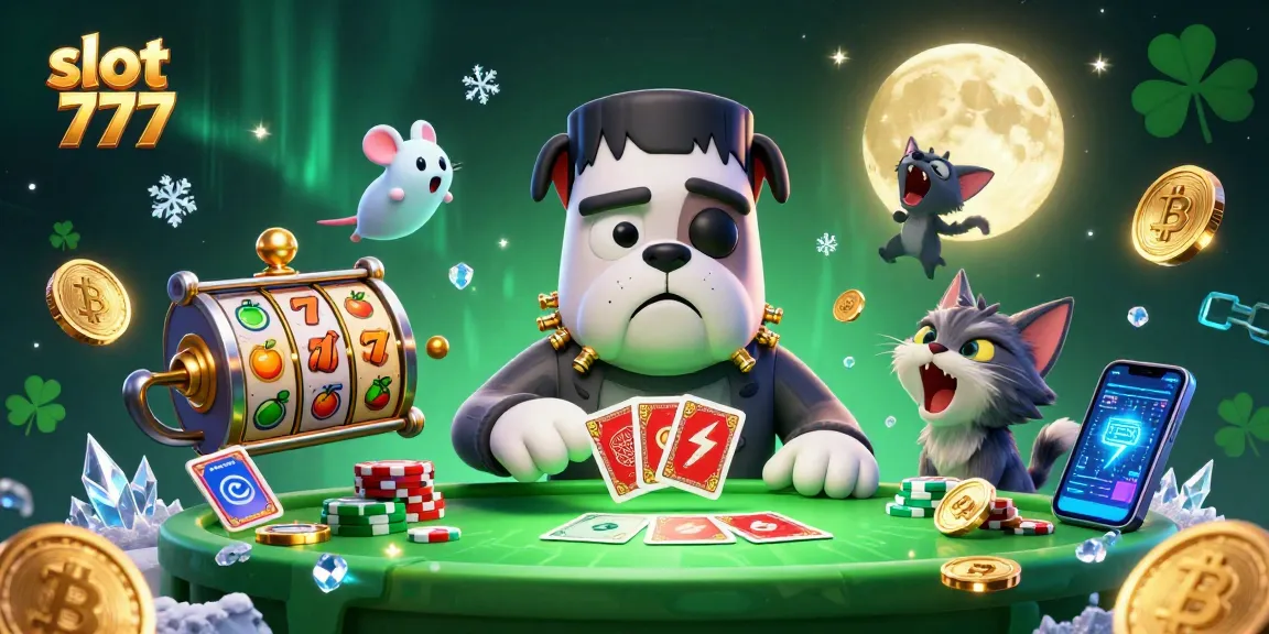 Engage in thrilling gameplay with slot 777, as a cartoon Frankenstein bulldog deals cards at a spooky table with gold coins.