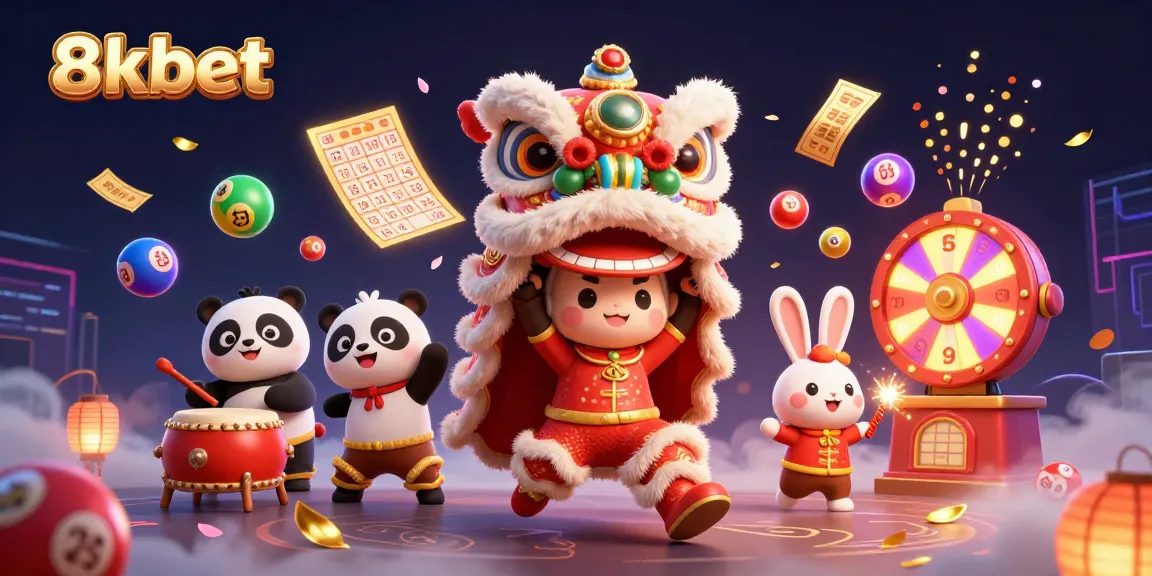 Experience excitement at 8xbet with a dynamic scene featuring a festive lion dance, lottery elements, and vibrant colors.