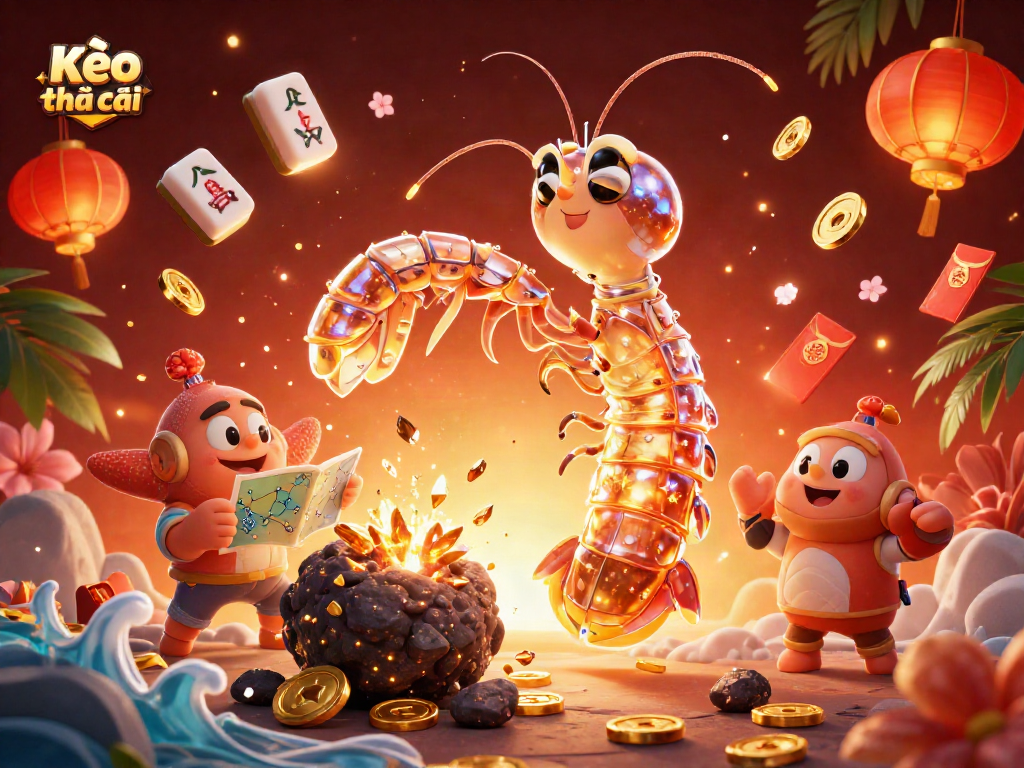 Kèo nhà cái showcases a vibrant 3D scene with mantis shrimp and starfish amidst betting symbols.