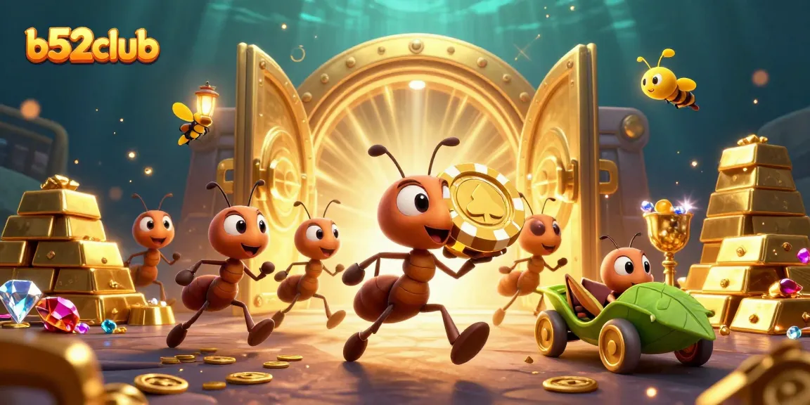 Engage with b52club as ants execute a heist with a golden poker chip amidst treasure.