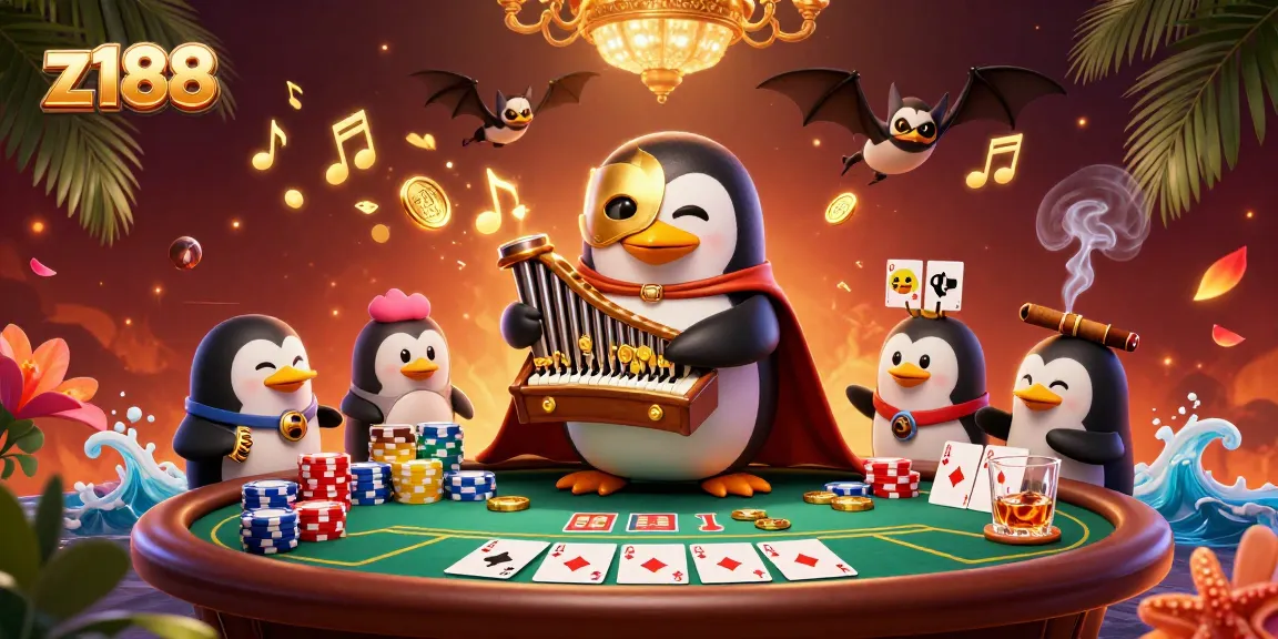 Experience thrilling gameplay with z188 as a stylish penguin plays a golden organ, surrounded by poker elements.