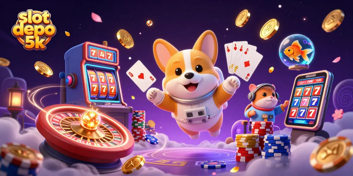 Experience thrilling play at slot depo 5k with an astronaut corgi in a vibrant casino scene.