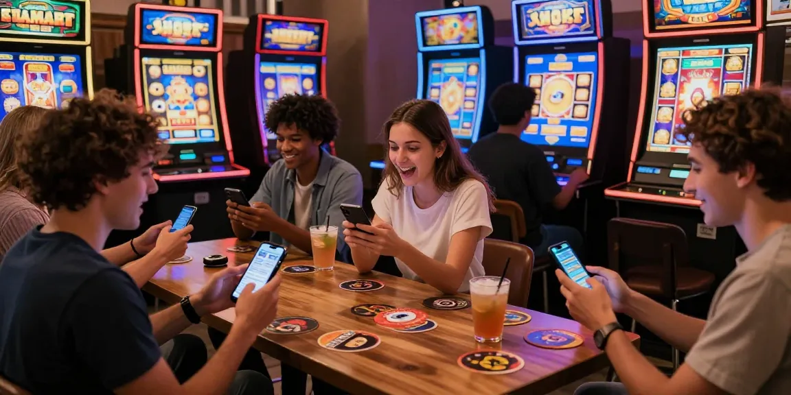 Young adults excitedly playing slots on smartphones, showcasing vibrant graphics and rewards, in a cozy café setting.