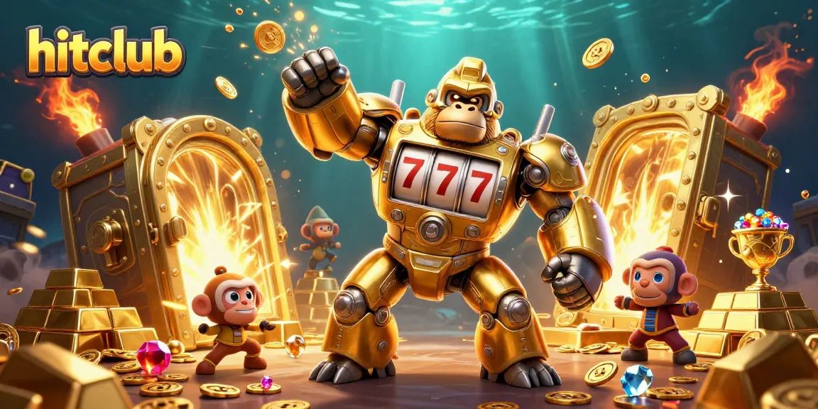 Engage with hitclub's vibrant gaming experience as the golden gorilla mech powers through a treasure-filled scene.