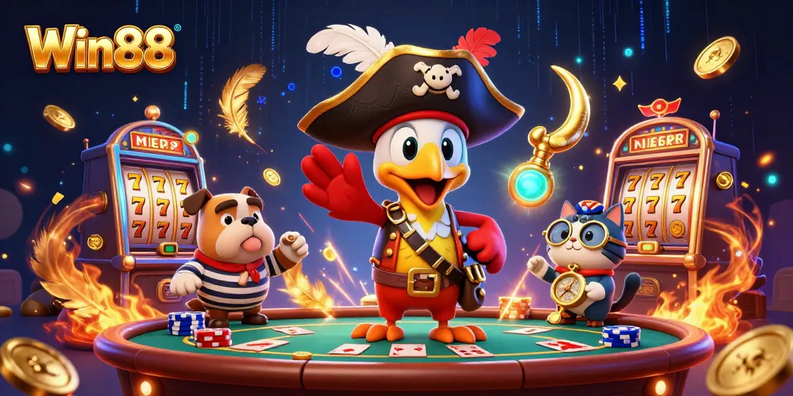 Win88 brings excitement with vibrant casino action and engaging characters in a lively scene.