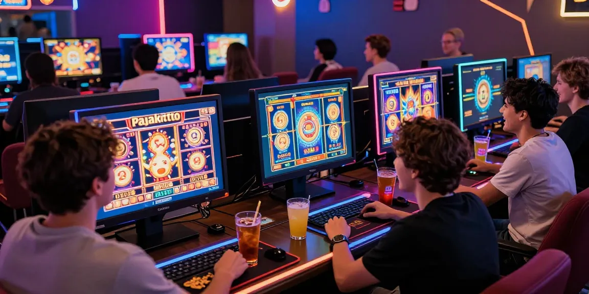 Diverse group enjoying pajaktoto slot games in a vibrant gaming lounge.