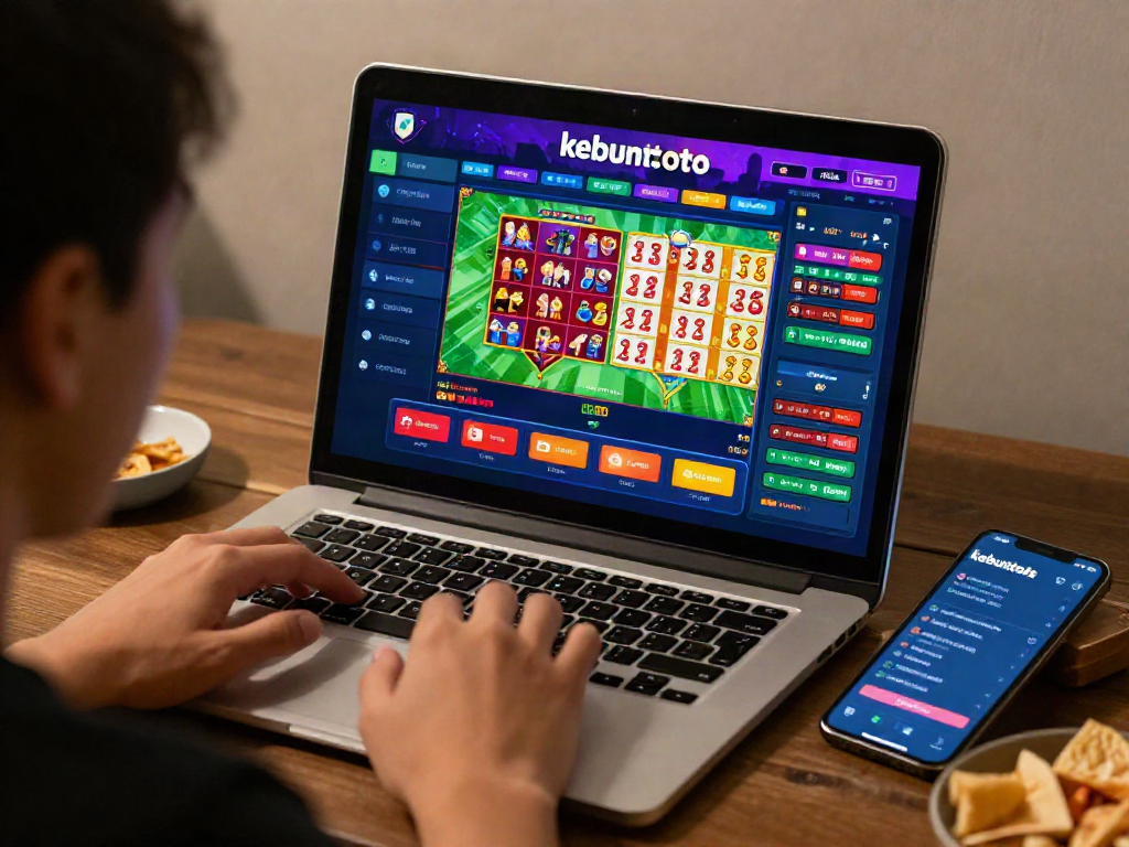 Engaged user experiencing kebuntoto online gambling excitement on laptop with vibrant gaming options.
