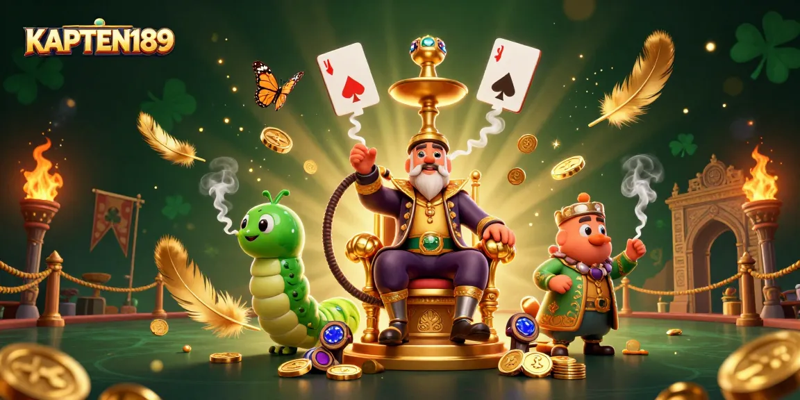 KAPTEN189 menghidupkan dunia taruhan dengan ilustrasi 3D menarik yang menampilkan simbol kartu poker dan koin emas.