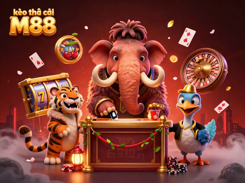 Kèo nhà cái M88 với hình ảnh bouncer khổng lồ và khách VIP trong sòng bạc đầy màu sắc