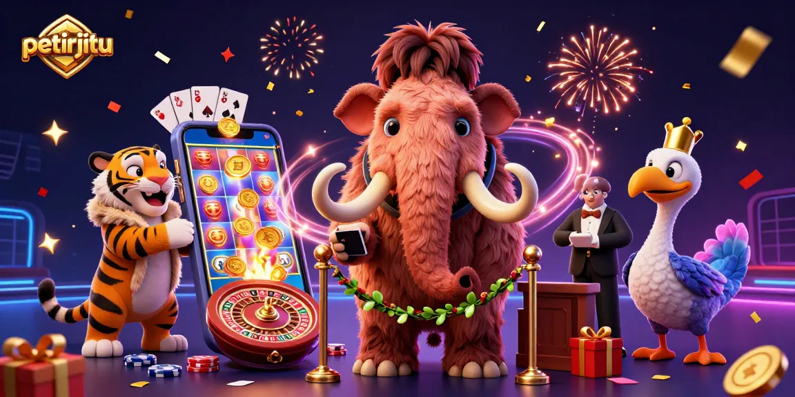 Permainan slot menyenangkan di petirjitu dengan karakter unik di latar belakang kasino.