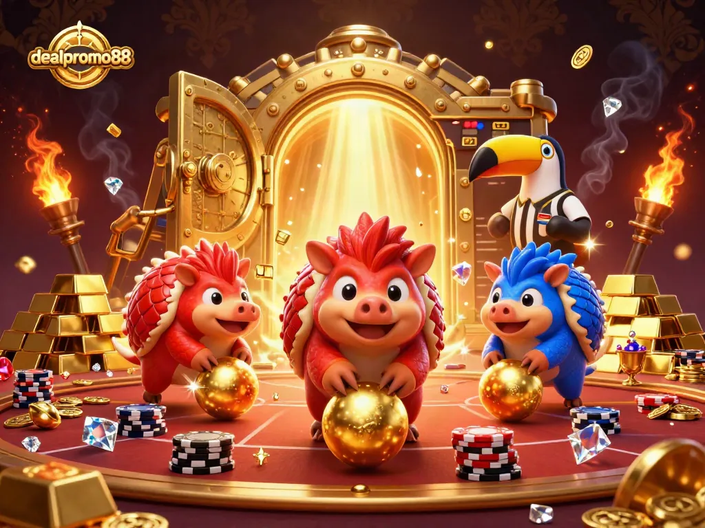 Engage in thrilling gameplay at dealpromo88 with vibrant pangolin rivals amidst golden casino treasures.