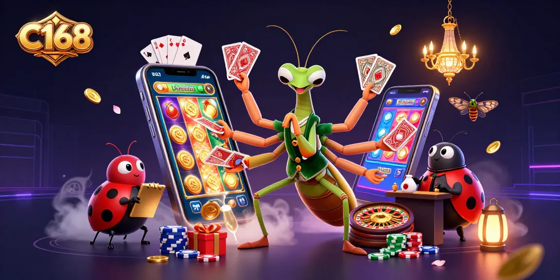 C168 online gaming platform showcases card sharp and ladybug pit boss in a vibrant casino scene.