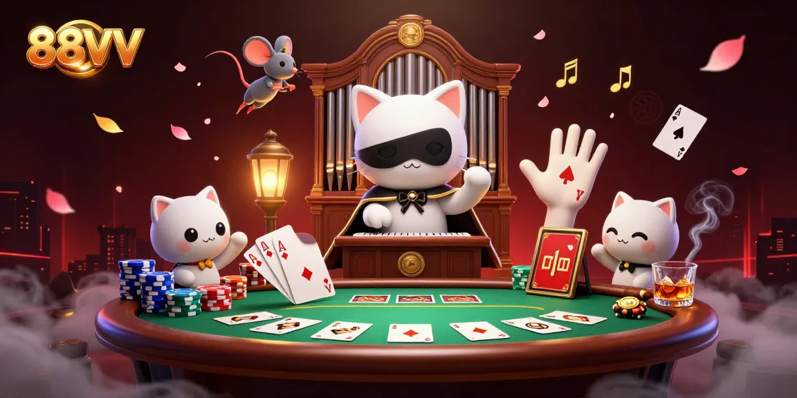 88VV engaging in dynamic poker action with colorful casino elements and lively characters