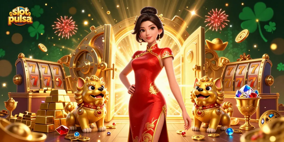 Experience thrilling slot pulsa action with a glamorous Asian woman among golden treasures and festive fireworks.