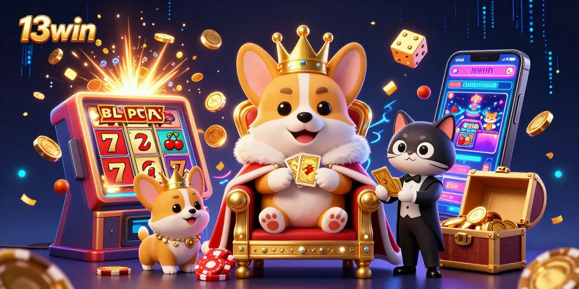 Join the 13win celebration with a royal corgi and vibrant casino elements bursting with energy.