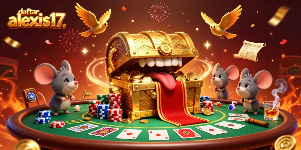 Permainan kartu poker menarik pada daftar alexis17, dengan keranjang harta yang menggoda dan simbol keberuntungan.