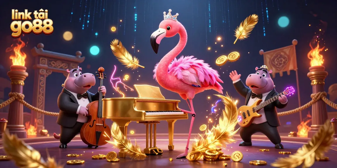 Engage with the vibrant link tải go88 scene featuring a flamingo singer and hippo bassist amidst a dazzling casino atmosphere.