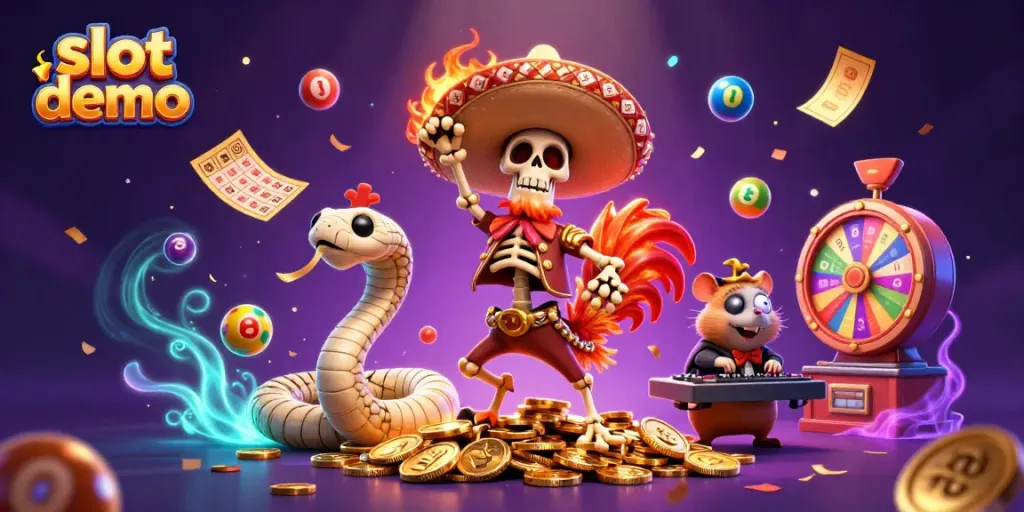 Slot demo menikmati keseruan dengan karakter berwarna-warni dan simbol permainan kasino yang dinamis.