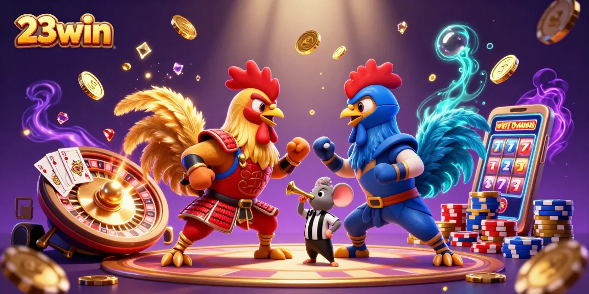 Experience thrilling action at 23win with roosters and colorful casino elements in a vibrant 3D scene.