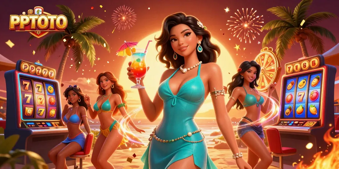 PPTOTO menghadirkan suasana kasino pantai yang cerah dengan mesin slot dan koktail dalam ilustrasi 3D yang menakjubkan.