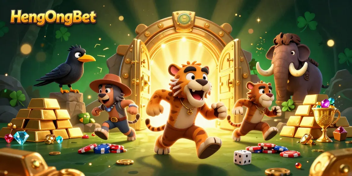 Experience HengOngBet's thrilling atmosphere with cartoon characters enjoying vibrant casino games.