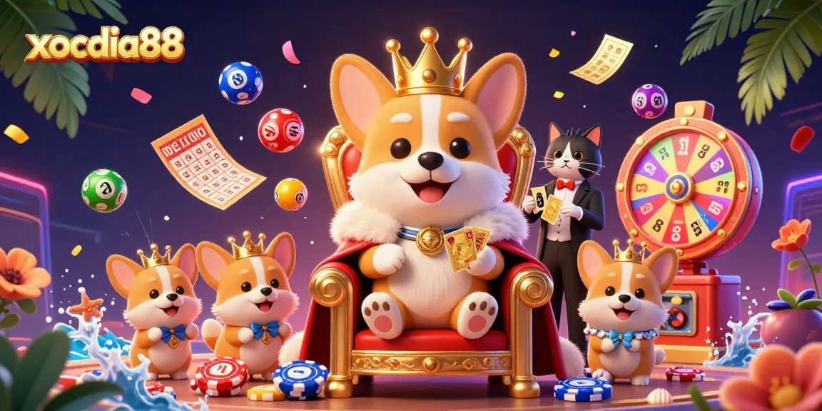 Xocdia88 captures vibrant casino excitement with a royal corgi, colorful lottery balls, and dynamic game elements.