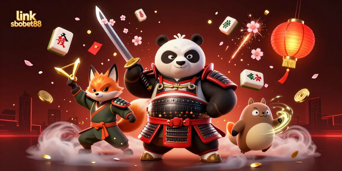 Place bets with excitement at link sbobet88, featuring dynamic samurai and ninja elements in a vibrant casino scene.