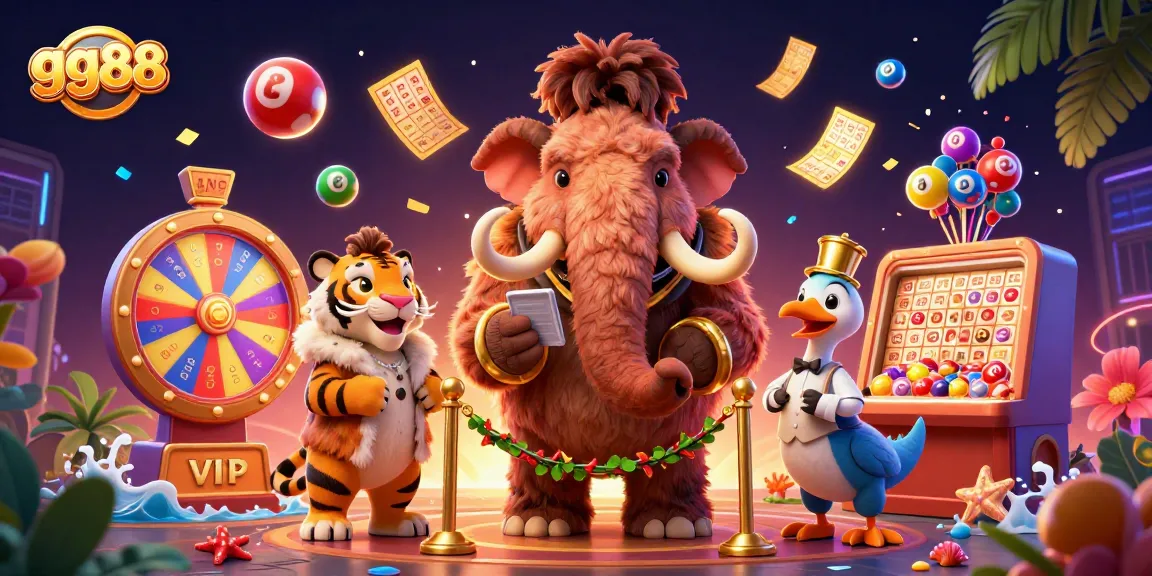 Experience excitement at gg88 with a bouncer and colorful lottery elements in this vibrant casino scene.