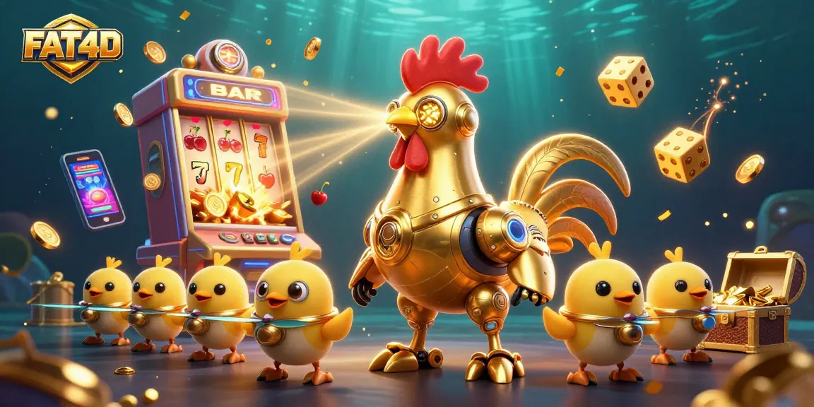 Experience the thrilling action of FAT4D with golden rooster robots, slot machines, and jackpots cascading.