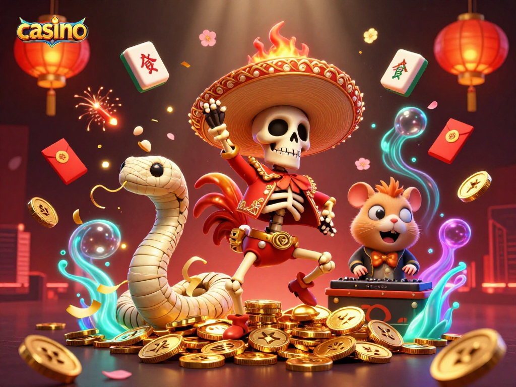 Engaging casino scene with a mariachi rooster, mummy snake, and zombie hamster DJ celebrating among golden coins.